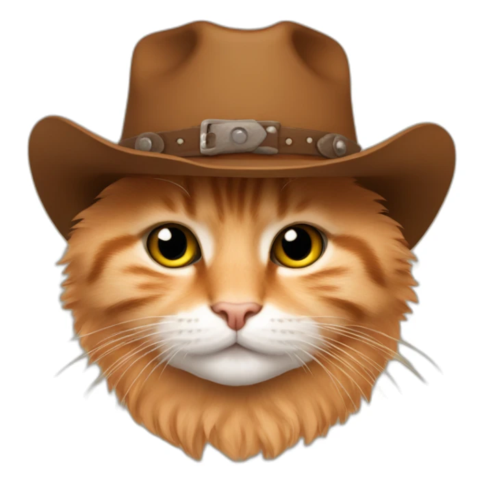 pure orange small chubby hairy bobtail cat while wearing a brown cowboy hat sticker