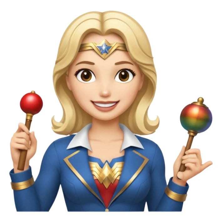 Blonde Wonder Woman holding bell and short white orchestra conductor’s baton  sticker