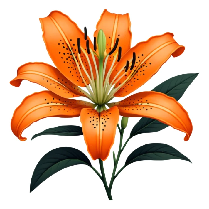 Japanese style tiger lily (oniyuri) flower in ukiyo-e inspired design, bright orange petals with distinctive black spots, curved-back petals, traditional composition like in Japanese woodblock prints sticker