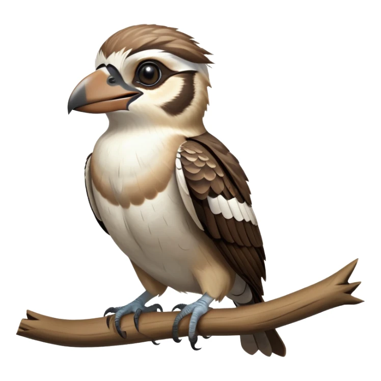 cinematic-kookaburra-realistic-full-body-perched-emoji,-compact-sturdy-frame-balanced-on-a-weathered-branch,-brown-and-white-feathered-wings-folded-neatly,-bold-striped-face-with-a-mischievous-glint-in-its-eye,-massive-sharp-beak-slightly-open-as-if-ready-to-laugh,-simplified-yet-realistic-focused-features,-highly-detailed,-glowing-with-a-warm-golden-light sticker