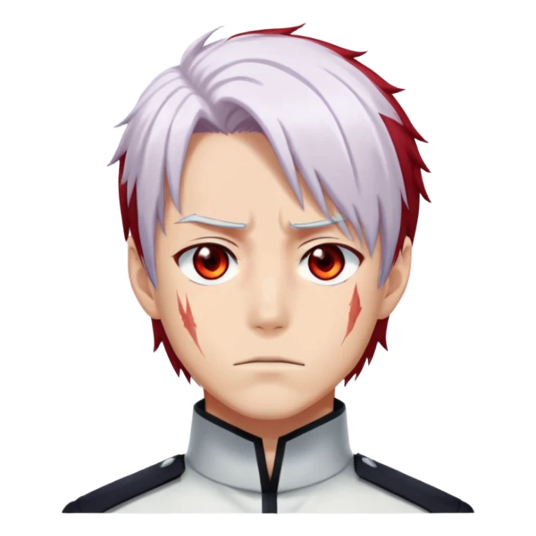 Shoto Todoroki face only, left side white hair, right side red hair, heterochromatic eyes, burn scar on left side of face, serious expression sticker
