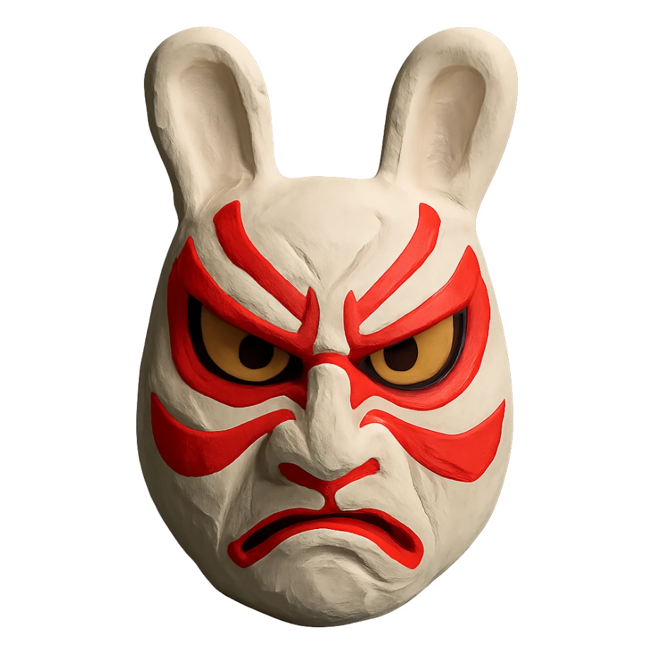 stylized usagi rabbit kabuki mask, red and white, angry expression, matte finish sticker