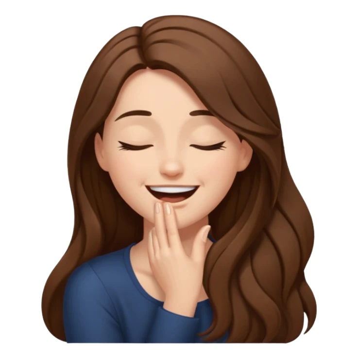 Woman from side with one hand on her head, eyes closed, laughing and smiling really hard. Hair is brown and long sticker