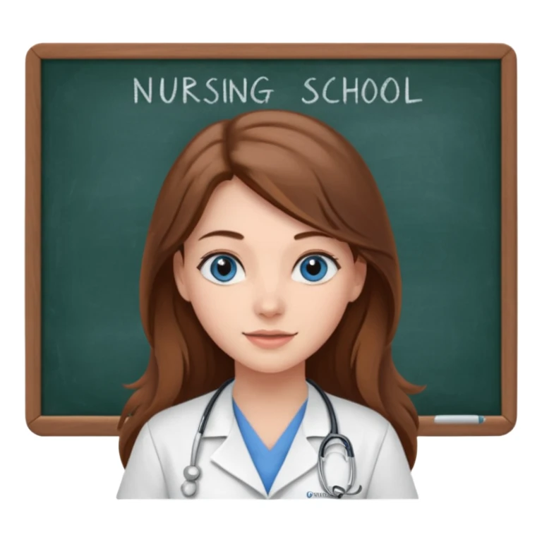 university classroom that says nursing school on the blackboard with a pretty female nursing student with long brown hair, blue eyes sticker