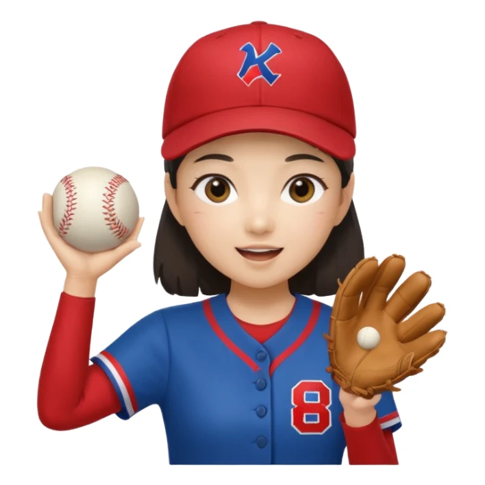 a korean girl cheering her favorite baseball team, wearing the team uniform, baseball cap, and holding baseball sticker