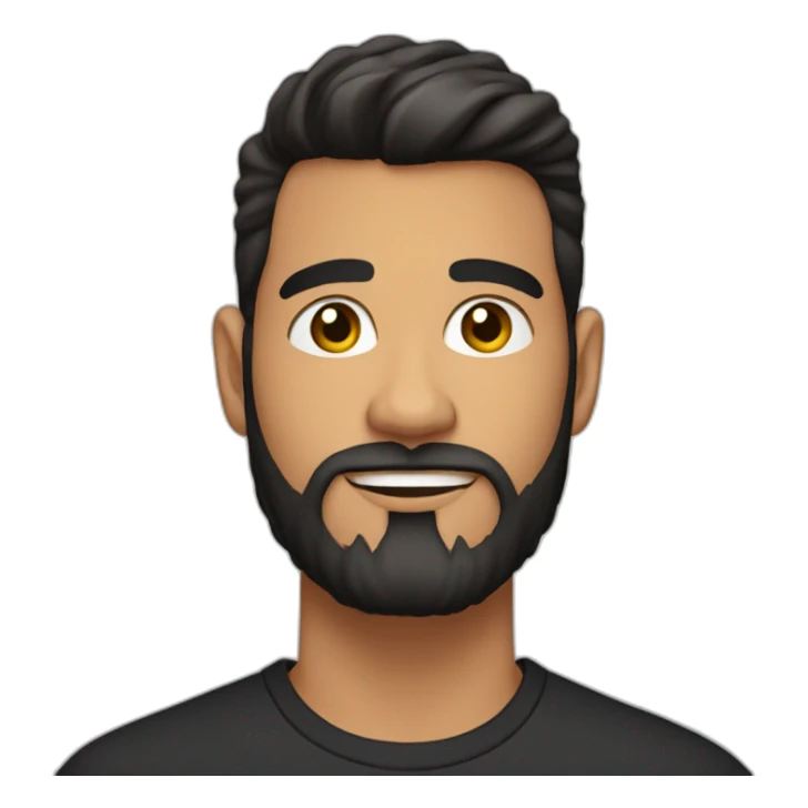 25 year old Hispanic man with a full beard and thick eyebrows light skin, black shirt sticker