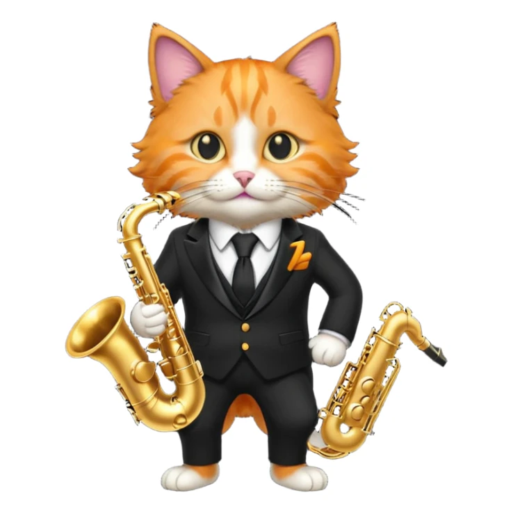 orange cat play gold saxophone, wear black suit sticker