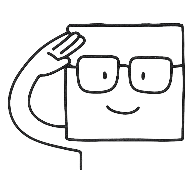 square face wearing glasses saluting, hand drawn style black outline icon, rough lines sticker
