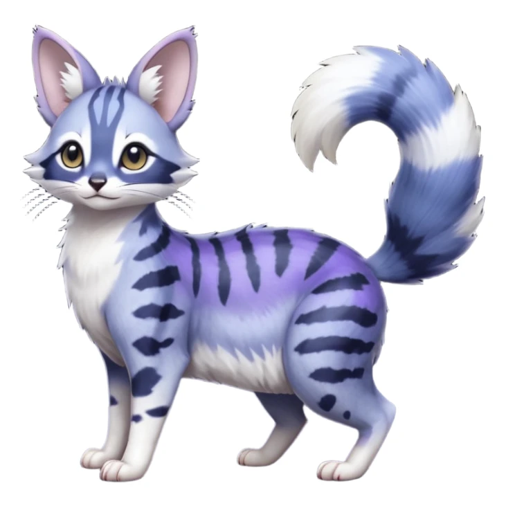  Realistic dull gloomy-dark-deep-grayish-indigo-violet-gradients fur with random markings beautiful elegant pretty precious cute  Fakémon-Pokémon-opossum-feline-serval-caracal-chinchilla-Minccino-hybrid-creature with a big fluffy bushy striped tail (full body) sticker
