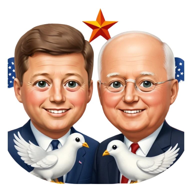 John F. Kennedy and Mikhail Gorbachev side by side, smiling, friendly diplomatic atmosphere, small peace symbol and doves, US and USSR flags as accents sticker