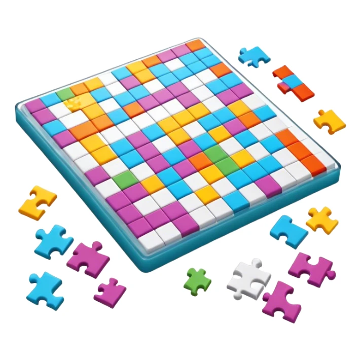 A photorealistic icon with a crossword magazine, a 3D puzzle and a partially completed puzzle on a table. Bright, detailed design with realistic lighting. Transparent background, clearly symbolizing puzzles and brain games. sticker