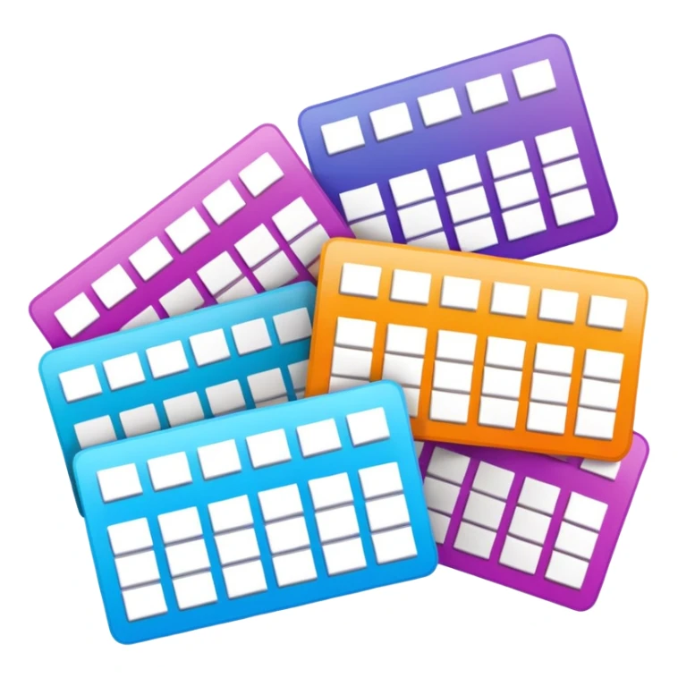 Create blank lottery coupons fanned out, clean and colorful, with different header colors and simple grid sections. No numbers, no text sticker