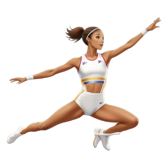 An icon featuring a female high jumper in mid-air, gracefully clearing a bar on a track. She wears a white athletic uniform and appears focused, with the background showcasing a vibrant stadium with cheering spectators and bright lights. Transparent background highlights the elegance  sticker