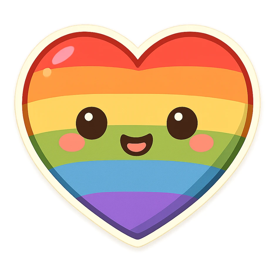 chibi sticker-style rainbow heart with pride flag colors, cute and exaggerated sticker