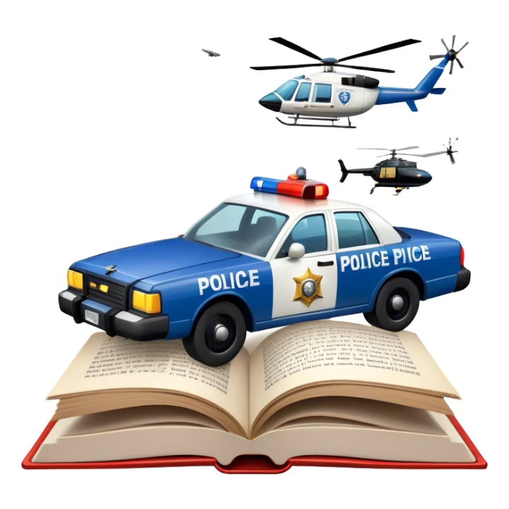 Icon for Action & Crime Reading: an open large book with text on the pages, a police car is driving out, with explosions behind, a helicopter flying above, a pistol with bullets in the front. The icon should capture the thrilling action and suspense of crime stories. Transparent background. sticker