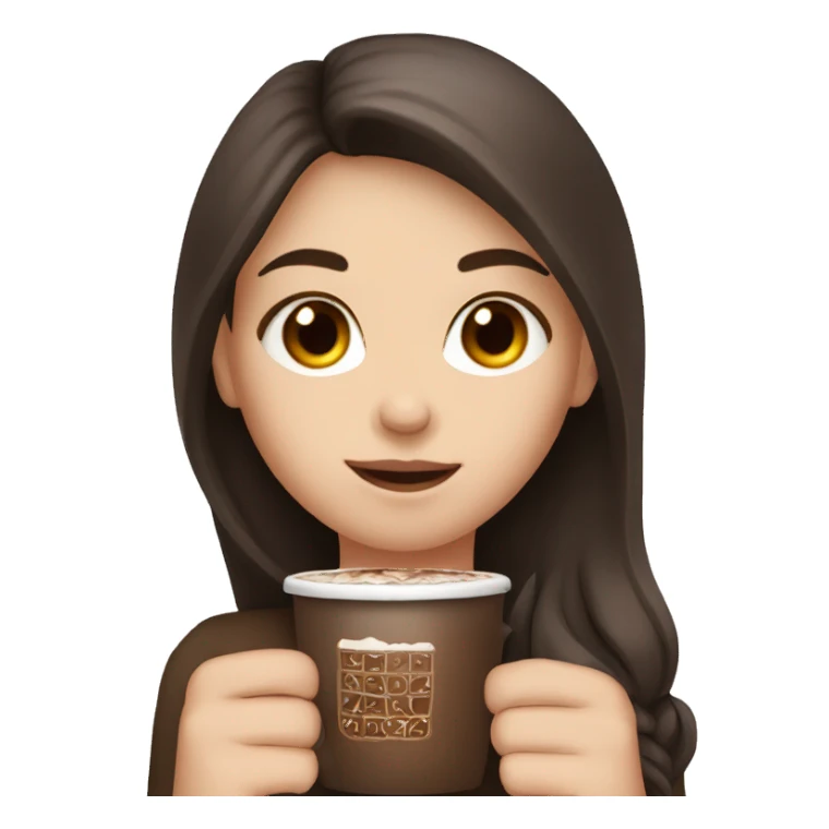 white girl with dark brown long hair and a hot chocolate sticker