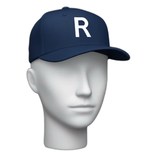 a navy baseball cap with a small white letter R on the front, seen from the side sticker