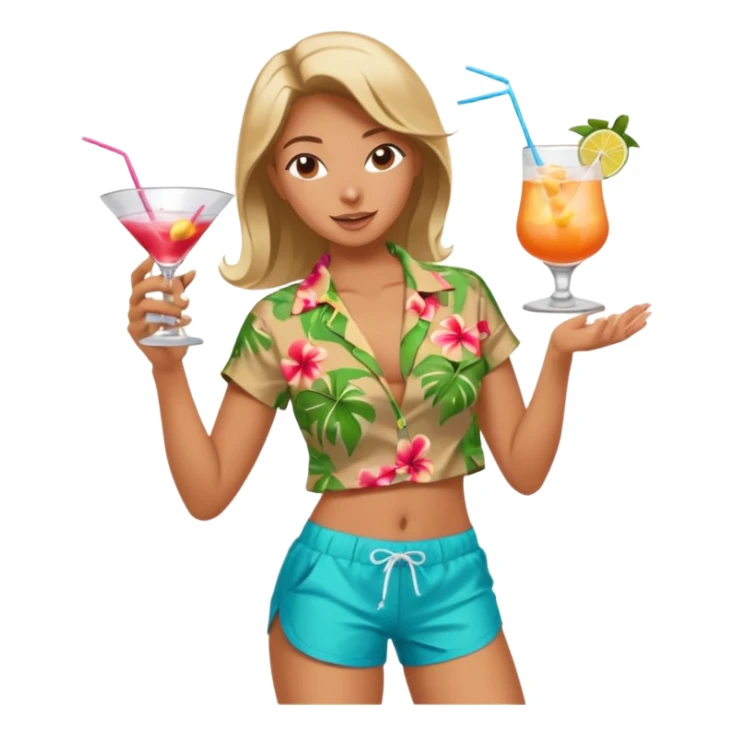 human female Unbuttoned Hawaiian shirt, swim trunks, shaking a cocktail shaker (sparks flying) sticker