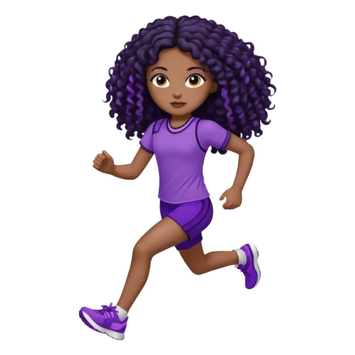 Uma boneca morena escura com olhos castanhos e cabelo cacheado longo preto até o peito, treinando correndo a roupa top até o meio da barriga roxo com detalhes preto e short roxo com detalhes preto sticker