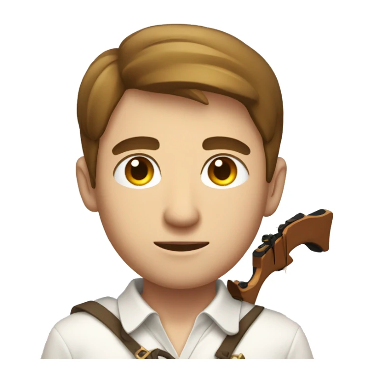 a male, aiming with a bow, facing  his target, eyes closed, wearing a white shirt, very short brown hair, bright skin, only show upper part of the body from waist up sticker