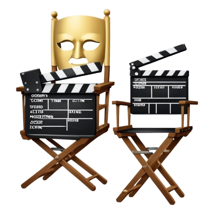 Icon for Acting: a theatrical mask, stage lights, a director’s chair, a script, a vintage film camera and a clapperboard, representing the craft of acting in theater and film. The design should reflect creativity, performance, and storytelling. Transparent background. sticker