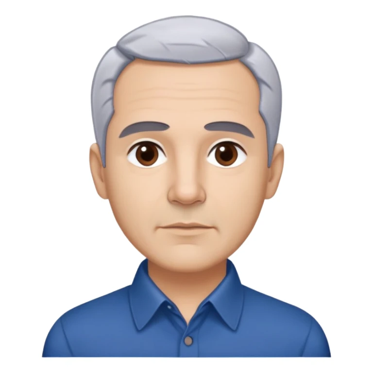 Puerto Rican actor René Monclova with light skin, round face, broad cheekbones. Lively dark brown eyes, thick straight eyebrows. Short silvery gray hair with receding hairline. Professional demeanor. Wearing a dark blue collared shirt. sticker