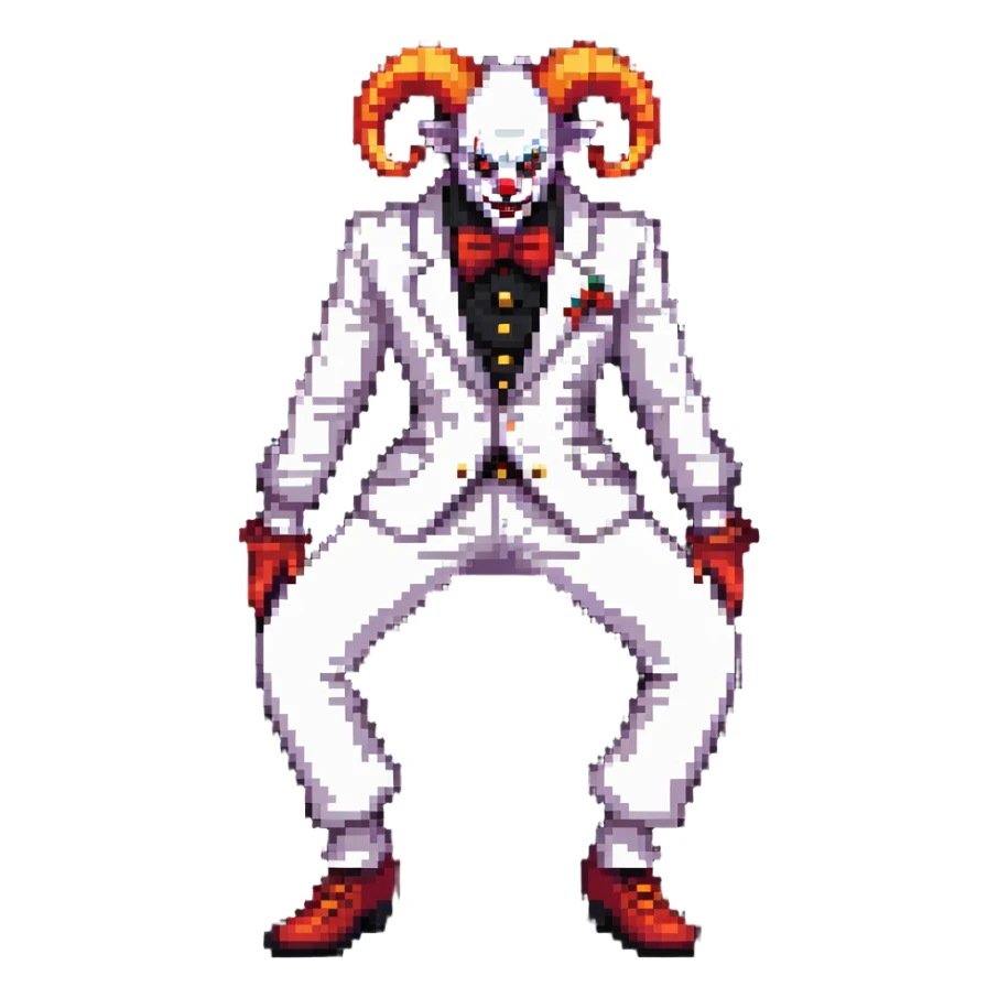 full-body demonic clown in a white leisure suit with bellbottom pants, bald, black ram horns, wearing elevator shoes sticker