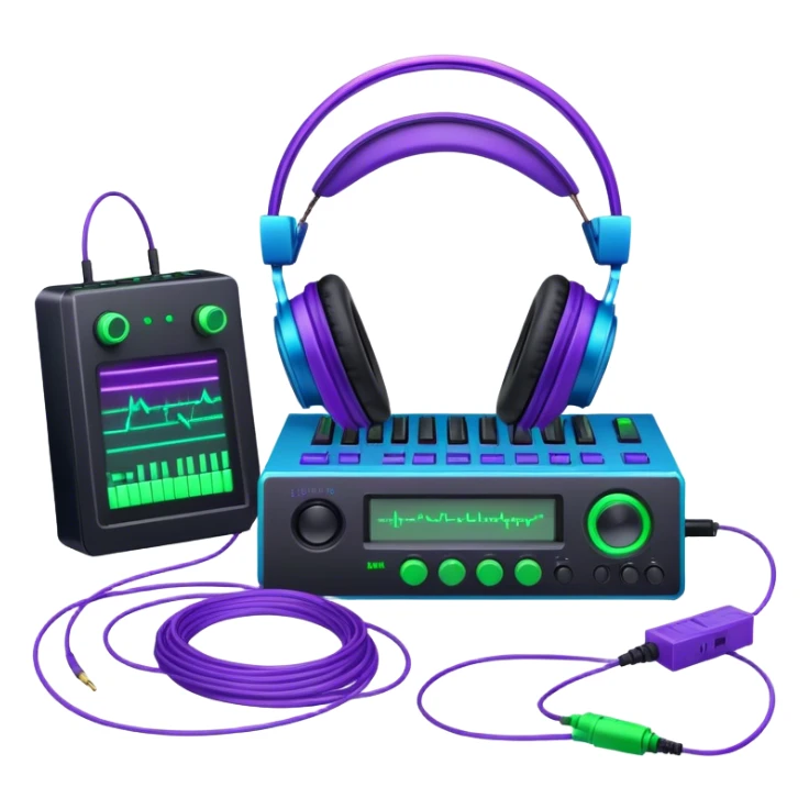 Create a creative and technical emoji that represents sound design. The design should feature a soundwave, a pair of studio headphones, and an audio synthesizer or soundboard to symbolize the manipulation and creation of unique soundscapes. Add subtle elements like audio cables, a mixing console, or a waveform to reflect the technical aspect of sound design. Use vibrant, futuristic colors like neon blue, purple, and green to represent innovation and creativity in sound. The background should be transparent. sticker