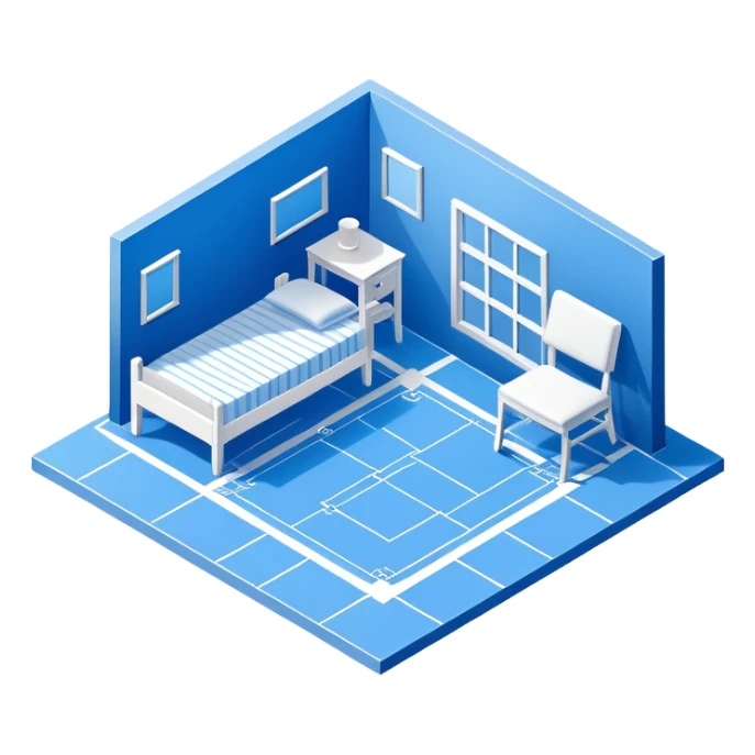 blue blueprint plan with white lines, isometric angle, shaded furniture or objects sticker