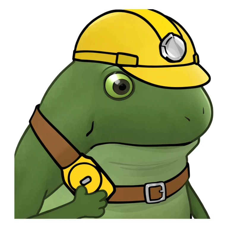 Make the baby oil bottle look like a construction worker with a hard hat and tool belt, in the green bufo frog meme style, no background. sticker