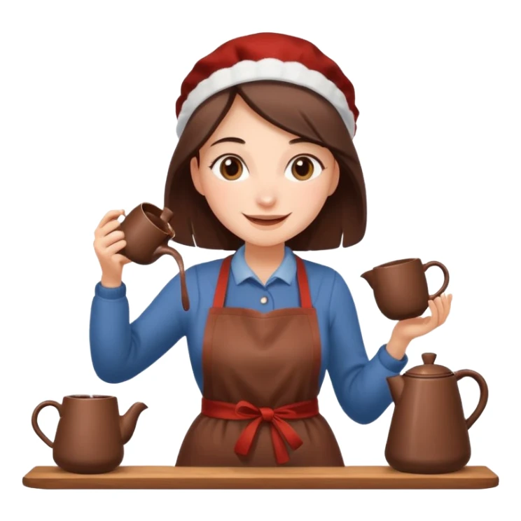 A cheerful woman wearing a winter apron, pouring cocoa from a kettle into tiny cups.
 sticker