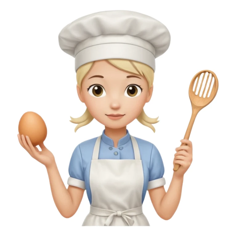Young female pastry chef - ponytail, apron, wearing a white hat, holding an egg beater in her right hand, and naturally hanging her left hand to her side sticker