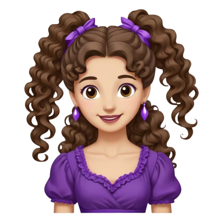 Femme aux cheveux longs et bruns, attachés en une queue-de-cheval haute et bouclée. Une mèche retombe sur son front. Elle porte une robe violette de style antique et a un sourire espiègle. sticker