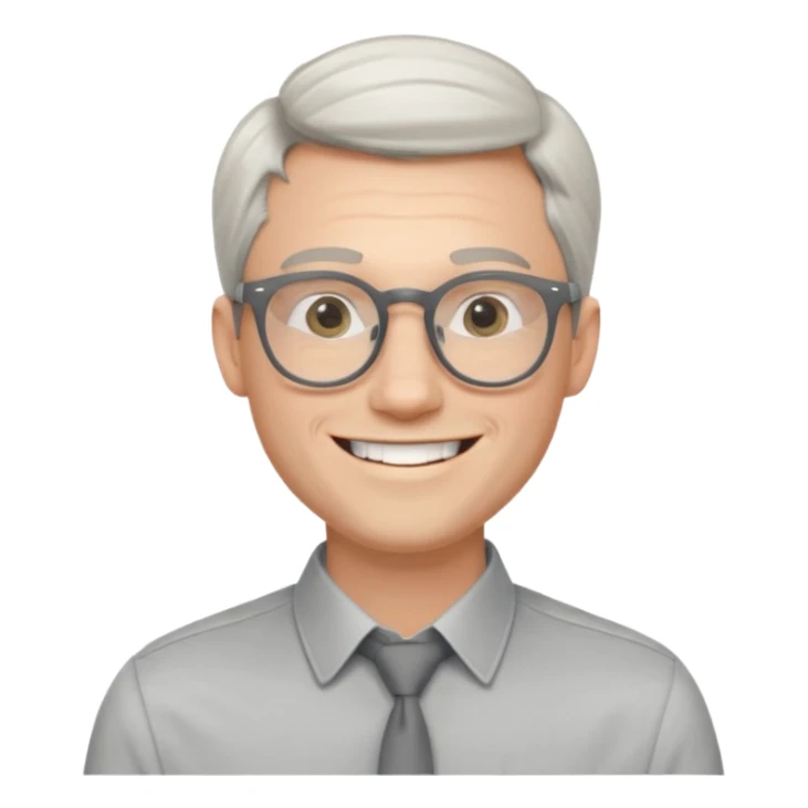 30 yr old pale white man, white/grey side swept stylish hair, round glasses, big smile, white teeth, handsome, longer hair, thin glasses, dress shirt sticker