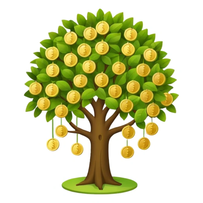 Apple-style money tree (10 coints), round soft green canopy.
No pot, no ground — only the tree.
Small gold coins as fruits inside the leaves (not below).
Flat 2D vector, clean shapes, no gradients.
Dark near-black background, premium fintech icon. sticker