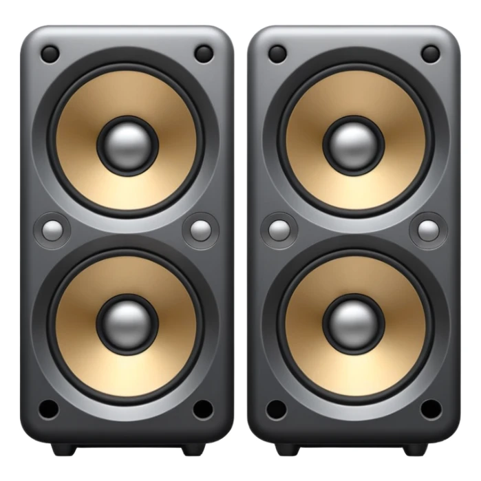 Minimal emoji icon of a modern metallic speakers, front view, detailed geometry, dark metallic body, subtle highlights, isolated sticker