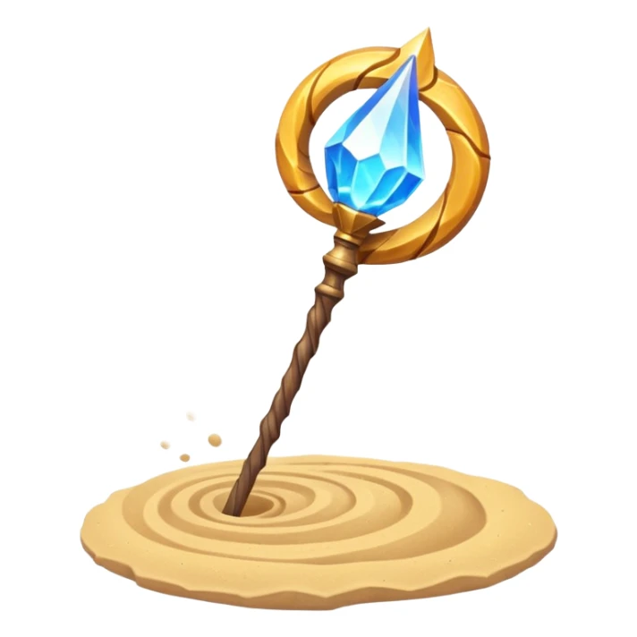 desert sand mage staff object icon, ancient wooden staff, swirling sand crystal on top, glowing golden aura, small floating sand particles, fantasy desert style, 3D cartoon, mobile game icon style, centered, clean background, soft shadow, no text, no watermark
 sticker