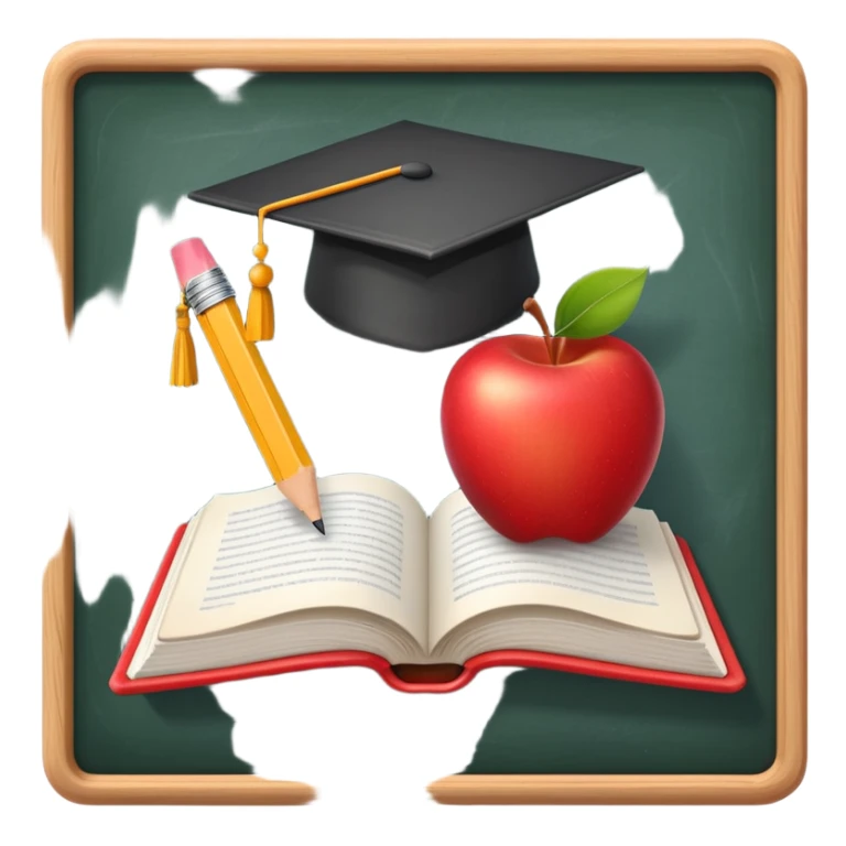An icon featuring an open book, a pencil, and an apple, symbolizing education and pedagogy. The design includes a chalkboard with a lesson plan and a graduation cap, representing teaching and learning. Transparent background highlights the nurturing of knowledge and growth. sticker
