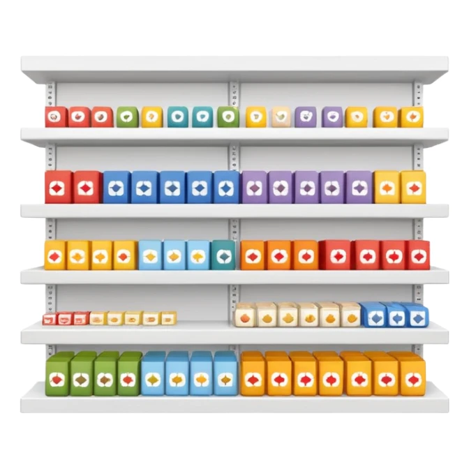 "Minimalist Japanese retail shelf display, products aligned identically across horizontal rows, vertically varied by type, clean spacing, precise symmetry, soft neutral lighting, aesthetic composition, highly organized, front-facing packages, ultra-detailed." sticker