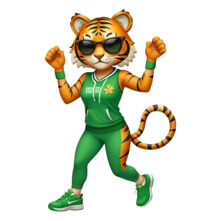 female energetic anthropomorphised tiger in full body, wearing St. Patrick's Day themed sportswear and dark sunglasses, dynamic pose sticker