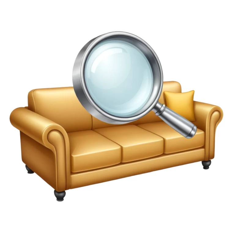 first-person view of a magnifying glass in foreground with a couch visible through the lens, furniture inspection sticker