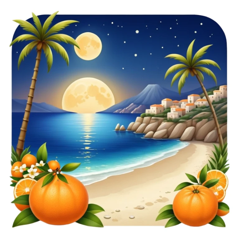 Moonlight on Mediterranean seashore with mandarin as fruits and flowers sticker