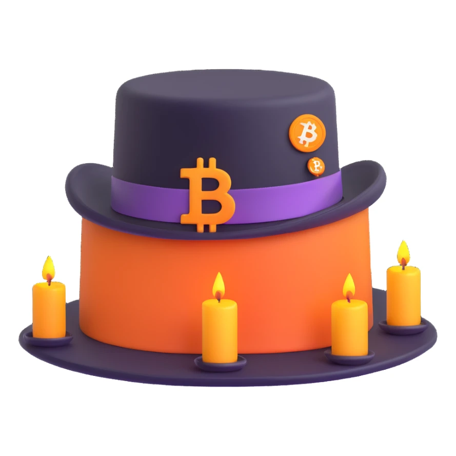 top hat emoji with hatband replaced by glowing Bitcoin symbol and small candlestick trading charts on brim sticker