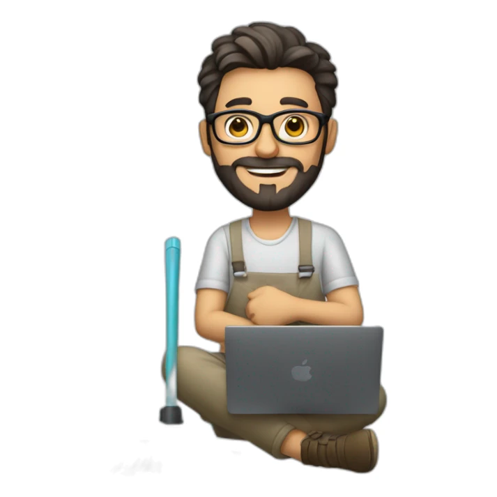man with glasses, stubble beard, short dark hair, sitting working on macbook and holding a cleaning mop on his hand sticker