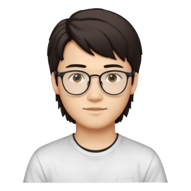 iOS-style emoji
Young man, about 18 years old, with slightly masculine features.
 Slightly Asian eyes, light skin tone, friendly and expressive face.
Accessories and details: Glasses, very dark brown hair, mullet style (short, structured).
Background and clothes: White background and white t-shirt. sticker