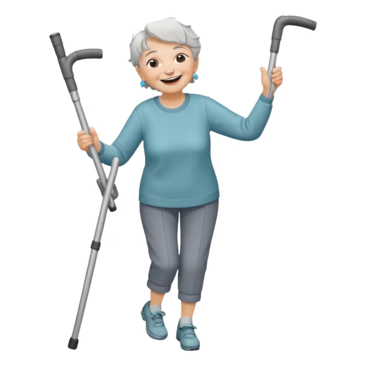 elderly woman with pants, short grey hair, laughing and dancing th crutches sticker