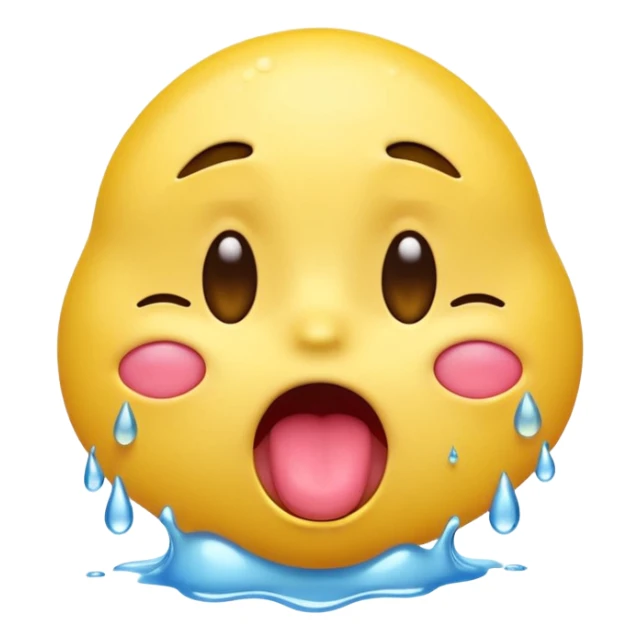 A yellow emoji face with flushed cheeks, eyes squeezed shut, mouth open with tongue hanging out, sweat droplets all over the face, expressing a mix of exhaustion, heat, and overwhelming intensity. Highly expressive, 3D-rendered with vibrant shading and glossy finish. sticker