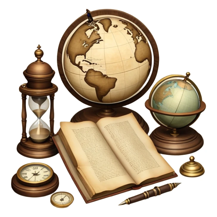 An icon featuring ancient scrolls, a quill pen, and large, old-fashioned sand clocks, symbolizing the study of history. The design includes a globe and a timeline with significant historical events, set against ruins to evoke past civilizations. Transparent background highlights the passage of time. sticker