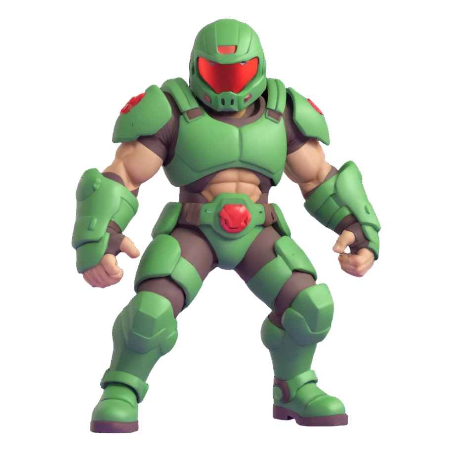 doom guy, iconic green armor, helmet, muscular, action pose, video game character sticker