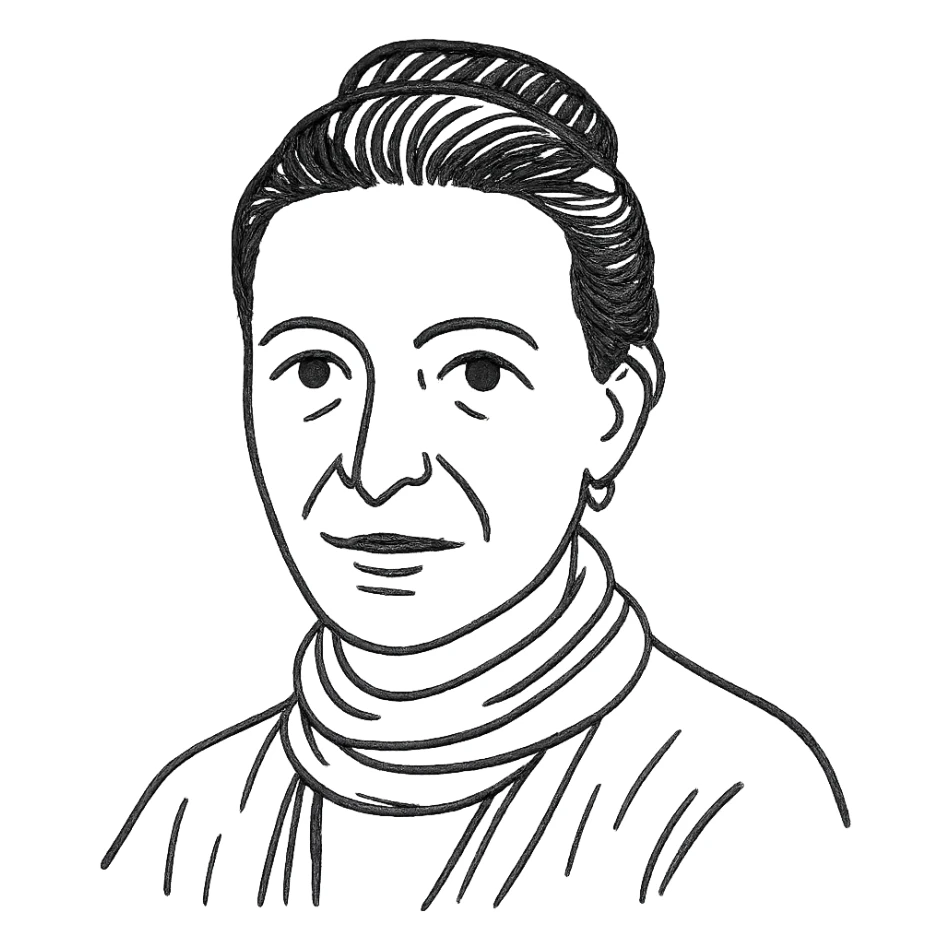 a hand drawn black outline portrait of philosopher Simone de Beauvoir with similar-sized eyes based a famous photograph of her sticker